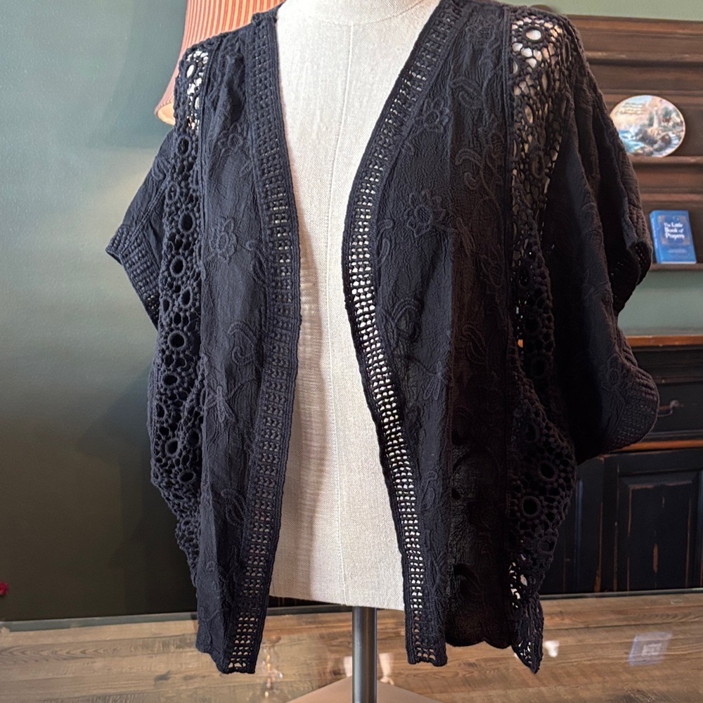 Vince Camuto Black crochet, and embroidered open cardigan